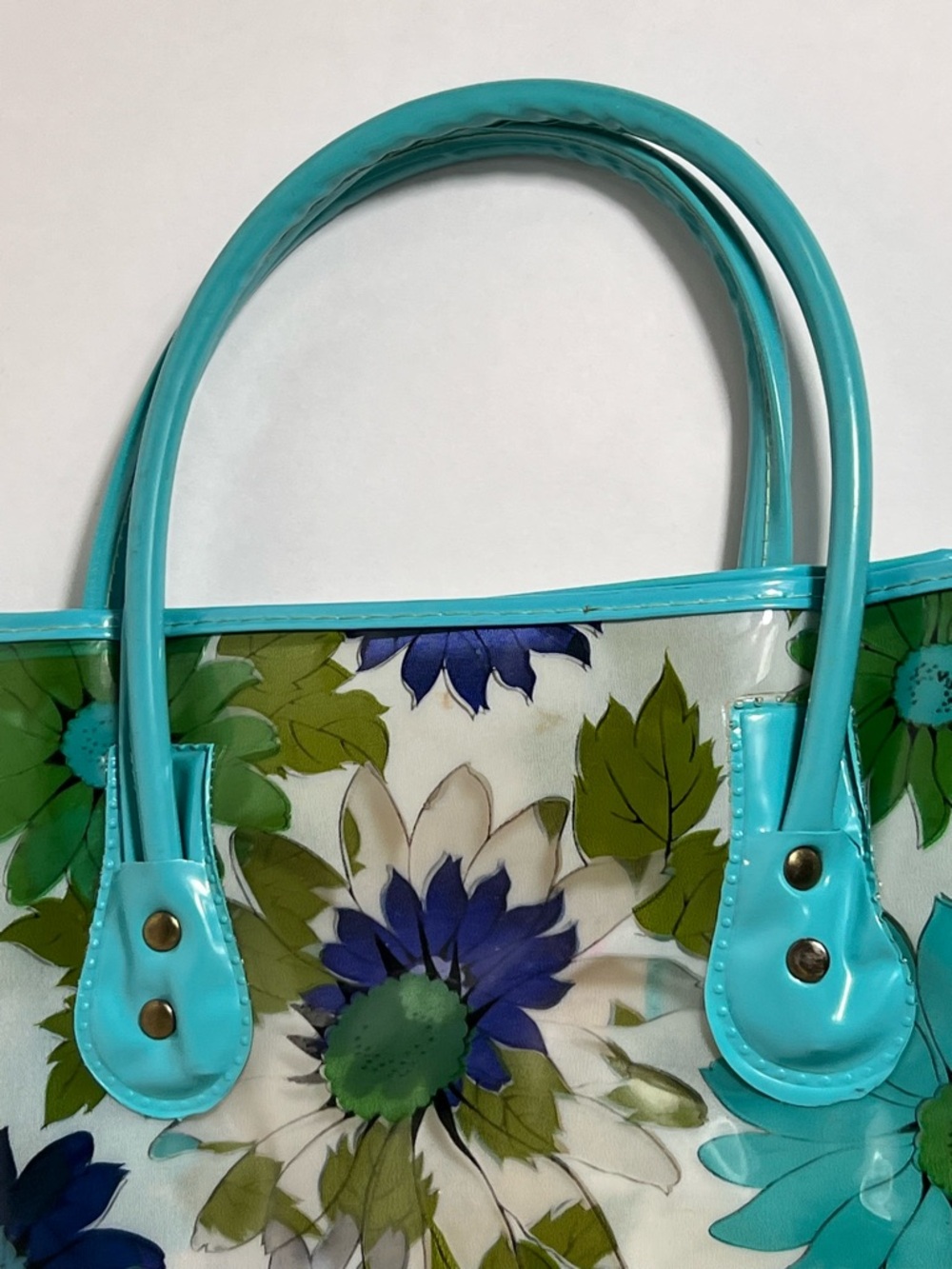 Groovy Vintage Clear Vinyl Retro Blue Green Floral Daisy Tote Bag 60s 70s - Picture 9 of 16